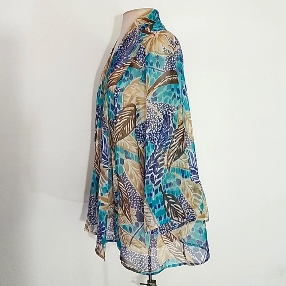 Bon Worth Kimono Semi Sheer Tropical Leaf Detail Aqua Size L